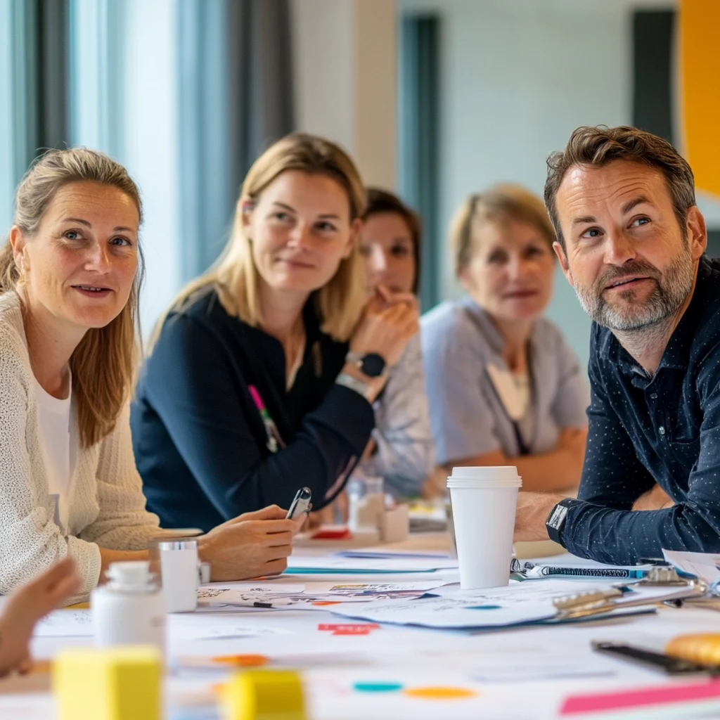 Menschen in einem Büroraum schauen nach vorne