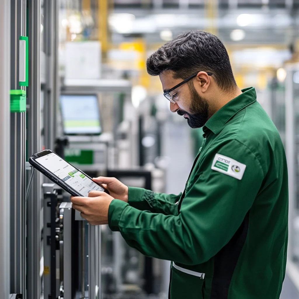 Arbeiter mit Tablet in Produktionsanlage