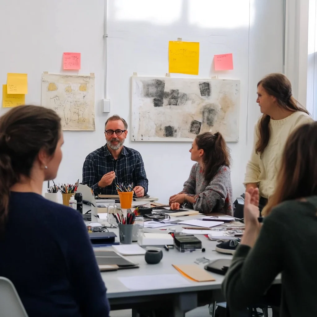 Workshopsituation mit einem Mann, der redet im Mittelpunkt und vier weitere Teilnehmende